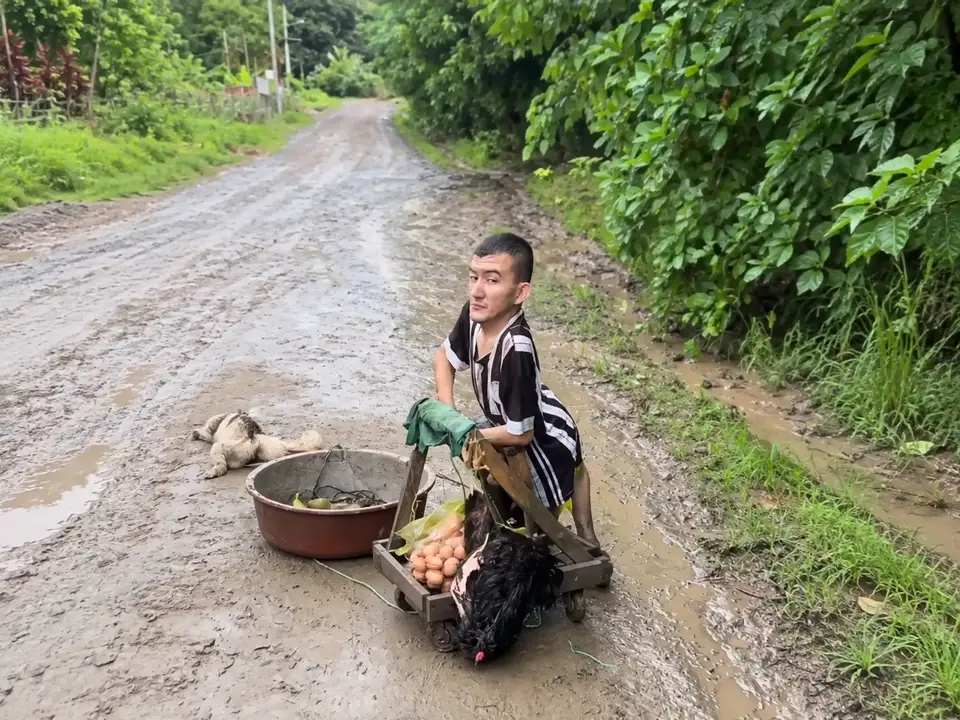 Goyito with his wooden work cart on a muddy road, adapted from campaign footage